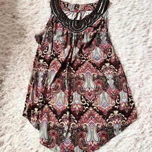 Boho Paisley Indie Earthy Flowing Statement Beaded Collar Asymmetrical Tank